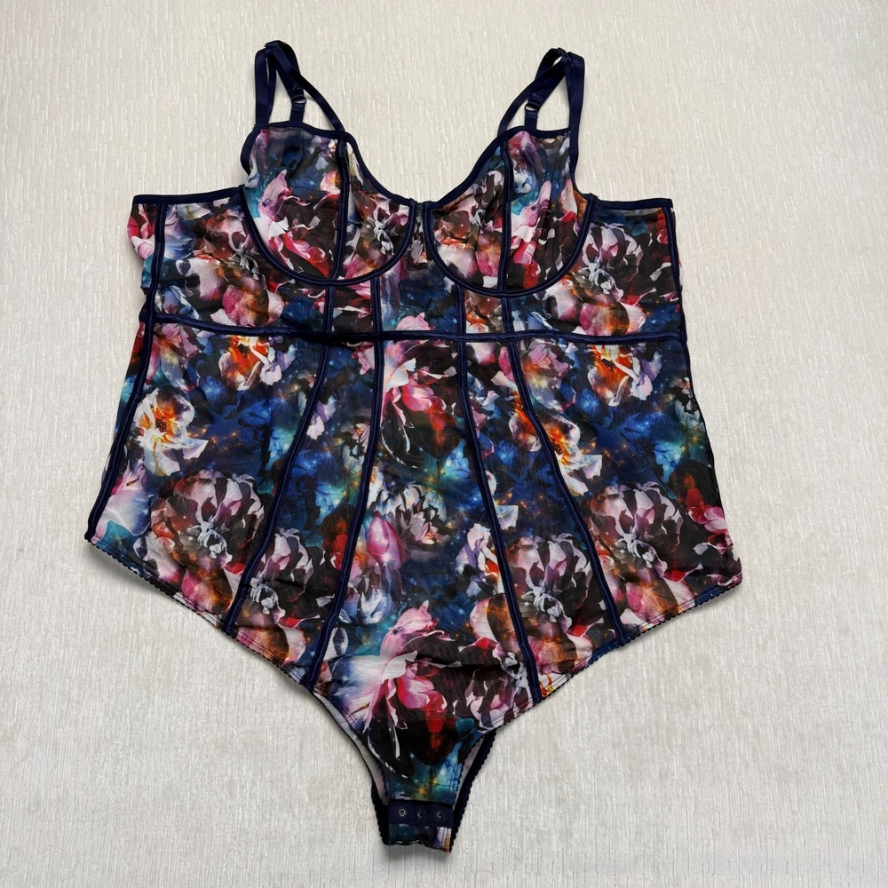 Torrid Mesh Bodysuit Boned Sz 5 Multicolor Floral Galaxy Stretch Strappy Sexy